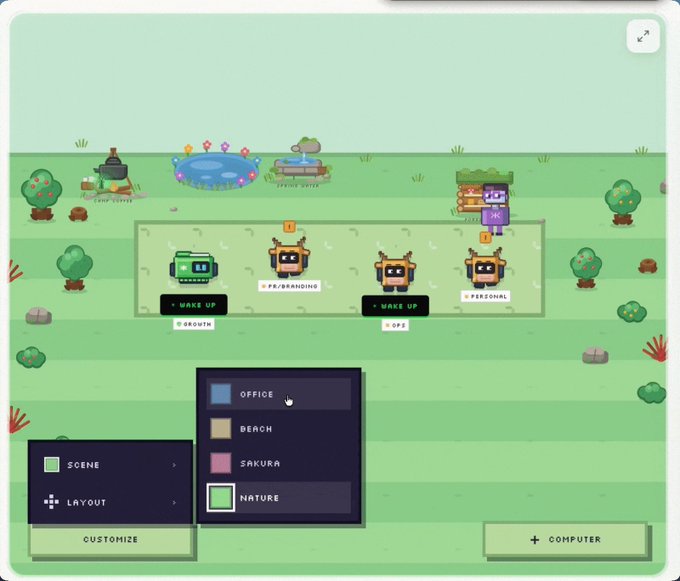 A pixel-art game interface from sai.simular.ai shows a customizable scene titled "NATURE" with adorable AI Tamagotchi characters, including robots labeled "WAKE UP," "BRANDING," "PERSONAL," "GROWTH," and "OF2," alongside customization options for "OFFICE," "BENCH," "SAKURA," and "NATURE" scenes, perfectly capturing the cute customization experience the post raves about.