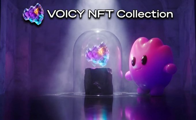 Promotional art for the 'VOICY NFT Collection' showing a small purple character next to a glowing crystal under a glass dome.