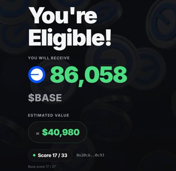 A dark crypto airdrop eligibility screen showing 'You're Eligible! You will receive 86,058 $BASE' with an estimated value of approximately $40,980.