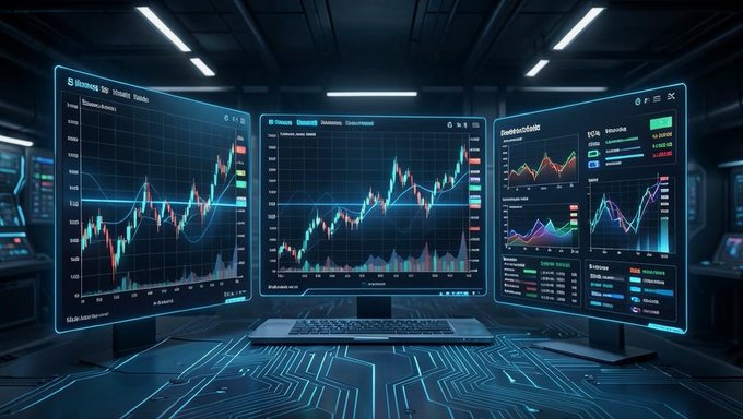 Three glowing monitors display cryptocurrency candlestick charts and trading data on a futuristic trading desk, evoking Binance's digital trading platform. The high-tech imagery visually reinforces the post's question about the opaque internal culture of the world's largest exchange amid legal scrutiny.