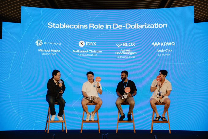 A panel discussion on 'Stablecoins Role in De-Dollarization' featuring speakers Michael Mislos (Editor in Chief, BitPinas), Nathaniel Christian (Co-founder & CEO, IDRX), Ashwin Chockalingam (Co-founder & CFO, BLOX), and Andy Cho (Co-founder, KRWQ).