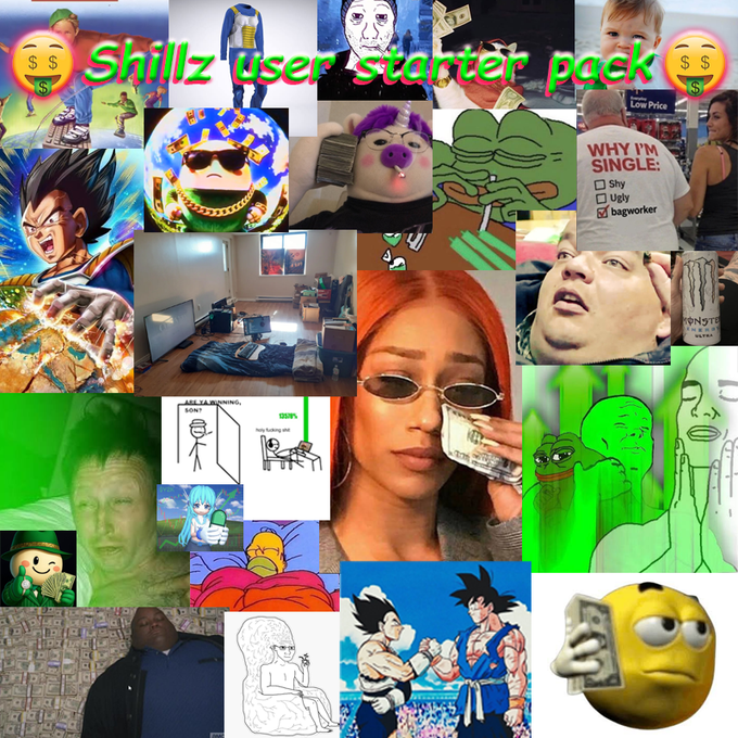 A chaotic meme collage titled "Shillz user starter pack" featuring various images including Pepe the Frog, Dragon Ball characters (Vegeta, Goku), money signs, a "WHY I'M SINGLE" checklist, Wojak faces, and other crypto/internet culture references, designed as a promotional graphic for the Shillz platform mentioned in the accompanying post about crypto trading.