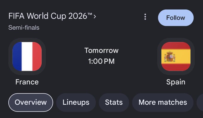 The image shows a sports app notification for a FIFA World Cup 2026 semi-final match between France and Spain, scheduled for tomorrow at 1:00 PM. The post encourages followers to guess the correct score for a chance to win $5,000 among 5 winners, with the deciding matchup being France vs. Spain.