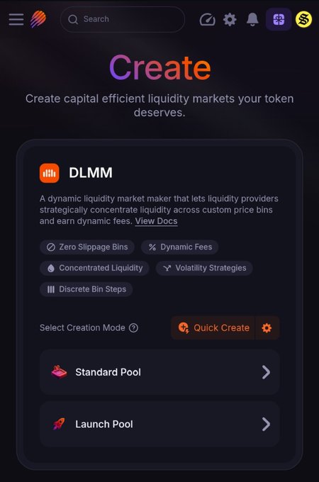 A screenshot of a cryptocurrency platform's "Create" page for capital efficient liquidity markets, featuring the DLMM (Dynamic Liquidity Market Maker) option with features like Zero Slippage Bins, Dynamic Fees, Concentrated Liquidity, and Volatility Strategies.