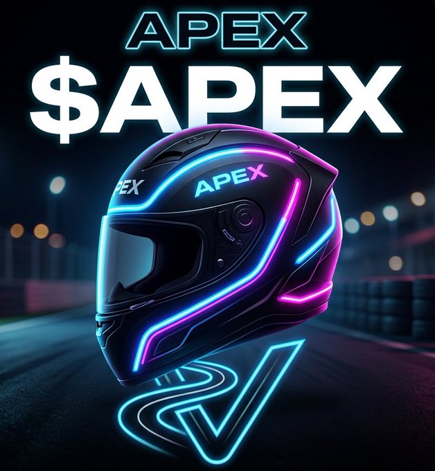 A promotional graphic featuring a black motorcycle helmet with neon blue and pink LED accents, branded 'APEX' with large '$APEX' text displayed prominently against a nighttime racing backdrop.
