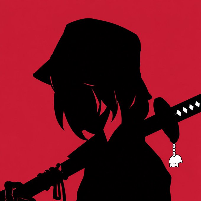 A black silhouette of a figure wearing a beanie and carrying a sword with a bunny charm on the hilt, set against a solid red background.