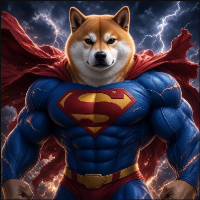 A muscular Shiba Inu dog wearing a Superman costume with a flowing red cape and the iconic "S" shield, set against a stormy sky with lightning, embodying the "underdog hero" theme of the post comparing dogwifhat ($WIF)'s rise to the next potential winner, $SI.