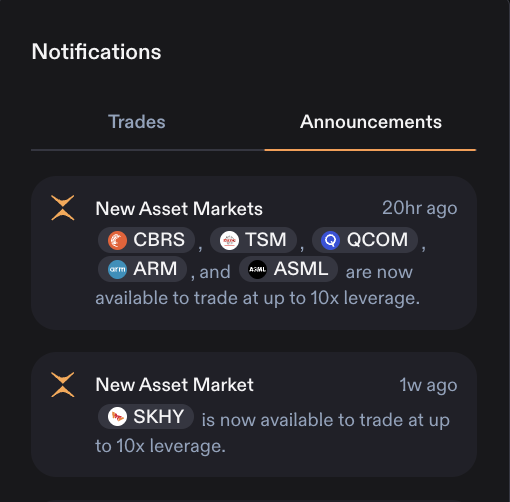 Notifications screen from a trading app showing two Announcements: new asset markets for CBRS, TSM, QCOM, ARM, and ASML available at up to 10x leverage (20 hours ago), and a new asset market for SKHY at up to 10x leverage (1 week ago).