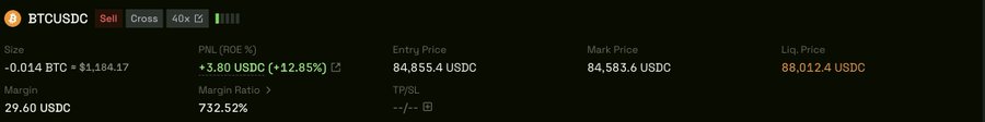A Bybit trading interface showing a BTCUSDC position with a size of -0.014 BTC (-$1,184.17), a PNL of +3.80 USDC (+12.85%), an entry price of 84,855.4 USDC, a mark price of 84,583.6 USDC, and a liquidation price of 88,012.4 USDC.