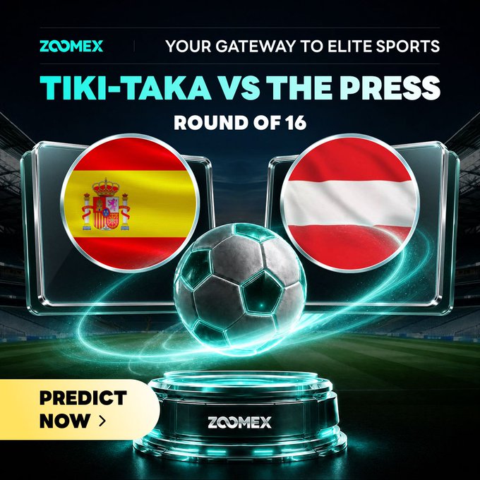 A ZoomEx sports prediction promo featuring a glowing soccer ball between the flags of Spain and Austria, with the headline "TIKI-TAKA VS THE PRESS - ROUND OF 16" and a "PREDICT NOW" button inviting users to forecast the Round of 16 matchup score for a chance to win BTC vouchers and a share of 50,000 USDT.