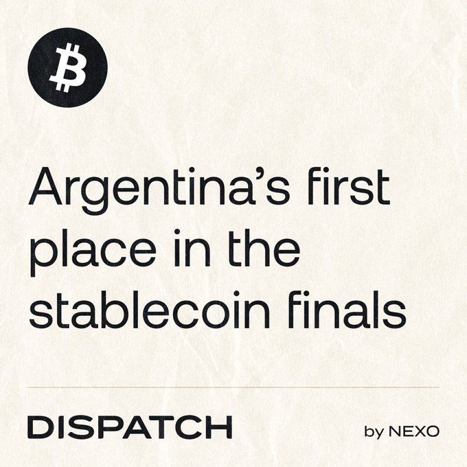 The image shows a Dispatch article header from Nexo titled "Argentina's first place in the stablecoin finals," featuring a Bitcoin logo icon in the top-left corner on a textured paper background. It relates to the post by highlighting how Argentina leads in crypto/stablecoin adoption as citizens seek to preserve value amid the peso's devaluation.