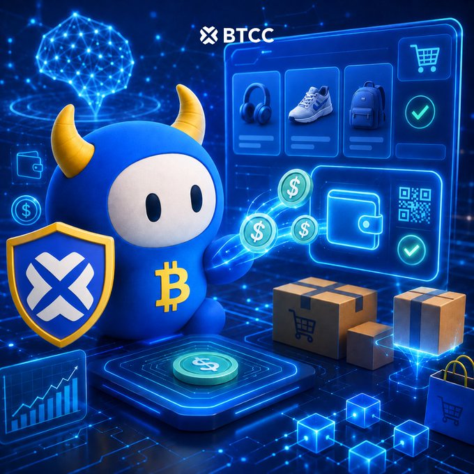 A cute blue horned mascot with a Bitcoin logo stands beside a digital storefront interface displaying product listings (headphones, sneakers, backpack), a wallet with QR code, shipping boxes, and floating dollar coins under a glowing "BTCC" banner—visually representing BTCC as the crypto payment infrastructure enabling AI agents to make secure online purchases.