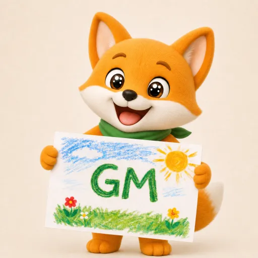 A cheerful cartoon fox wearing a green bandana holds up a child's crayon drawing that reads "GM" with a sun and flowers. The image responds to the "say it back" prompt by returning the "GM" (good morning) greeting in a playful, kid-friendly way.