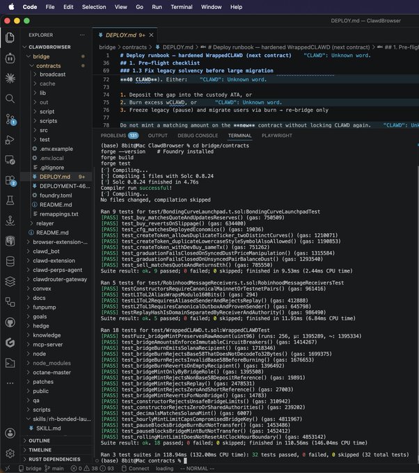 A screenshot of Visual Studio Code showing a terminal running Solidity tests for a "CLAWD" project, with commands like "forge build" and test results visible.