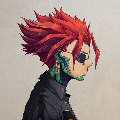 An anime-style illustration of a character in profile with spiky red hair, a mechanical-looking green jaw and neck, and a black high-collared jacket.