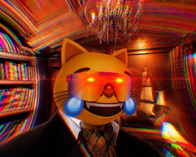A trippy, psychedelic image featuring a cartoon cat emoji with glowing red laser eyes and blue tears, set in a distorted red-toned room with rainbow color separation effects.