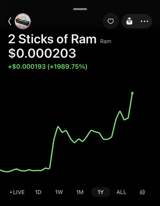 A crypto price chart for '2 Sticks of Ram' (Ram) showing a value of $0.000203 with a +1989.75% increase, displayed in green on a dark background with a 1Y timeframe selected.