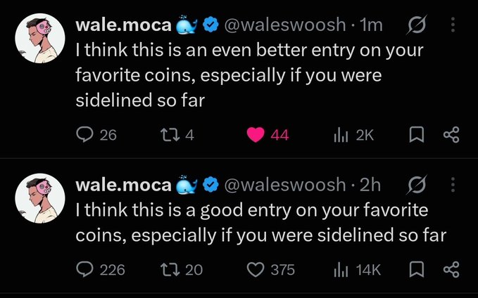 Two consecutive tweets from @waleswoosh discussing entry points on favorite coins, noting "I think this is an even better entry..." and "I think this is a good entry..." with engagement metrics showing likes and views.