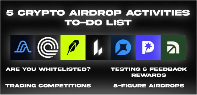 A black promotional graphic titled "5 CRYPTO AIRDROP ACTIVITIES TO-DO LIST" displays six crypto project logos above four listed tasks: "ARE YOU WHITELISTED?", "TESTING & FEEDBACK REWARDS", "TRADING COMPETITIONS", and "8-FIGURE AIRDROPS", which visually summarizes the post's call to action to sign up for the Arcus waitlist alongside other high-value crypto activities.