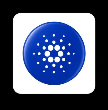 The Cardano (ADA) cryptocurrency logo is displayed as a blue circular emblem with a geometric dot pattern on a white square background with a black border.