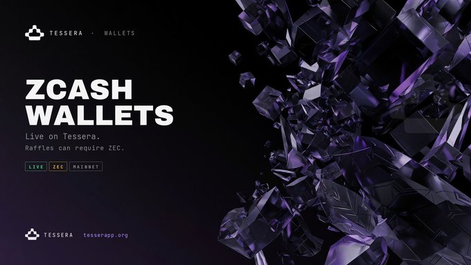 A promotional graphic for 'ZCASH WALLETS' by Tessera with the tagline 'Live on Tessera. Raffles can require ZEC.' and options for LIVE, ZEC, and MAINNET, featuring purple crystalline geometric shapes.