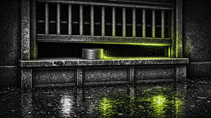 A dark, moody image of a window bench illuminated with green light, featuring a stack of coins on the sill and reflections on a wet floor.