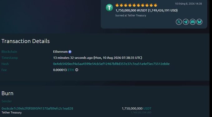 A blockchain transaction details screen showing 1,750,000,000 #USDT (1,749,426,191 USD) burned at Tether Treasury on the Ethereum blockchain, dated August 10, 2026.
