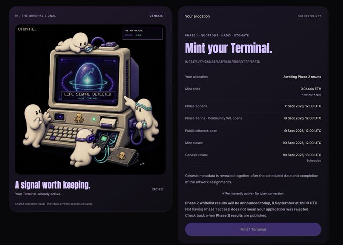 A Genesis crypto minting page for "OTOMATE" Terminal NFT with a mint price of 0.04444 ETH (+ network gas), showing Phase 1 running from 7-10 Sept 2026 and a "Mint your Terminal" button—matching the post noting that Otomate WL results and the mint are set to occur simultaneously at 12:00 UTC on 10 Sept.