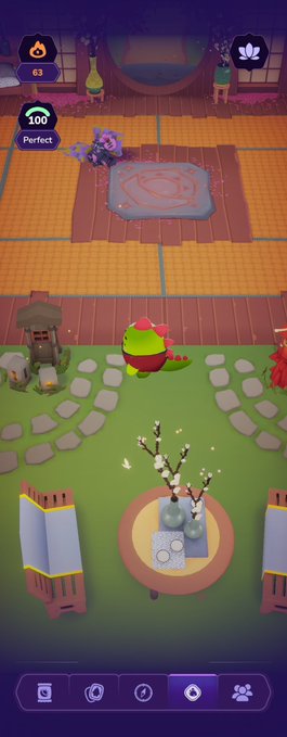 A screenshot of a mobile game showing a top-down view of a colorful courtyard with a small dinosaur character, decorative trees, and UI elements displaying 'Perfect' ratings.