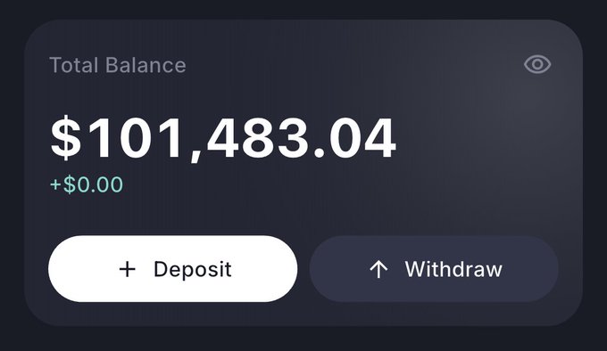 A digital wallet dashboard displays a Total Balance of $101,483.04 with a +$0.00 change, featuring prominent "Deposit" and "Withdraw" buttons. The image illustrates the progress of a public trading challenge using the Based App, showcasing a balance that has slightly grown from the initial $100,000 starting capital.