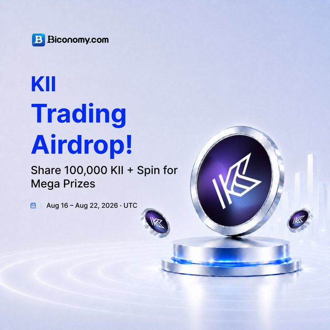 A Biconomy.com promotional graphic for a "KII Trading Airdrop!" offering to "Share 100,000 KII + Spin for Mega Prizes" from Aug 16 – Aug 22, 2026 UTC, featuring a 3D-rendered KII token.