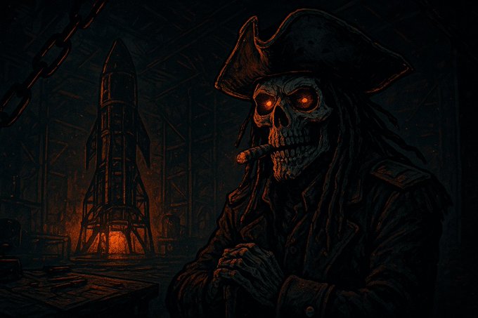 A dark, atmospheric illustration of a skeletal pirate with glowing red eyes wearing a tricorn hat and smoking a cigar, standing in a warehouse with a rocket/missile in the background.