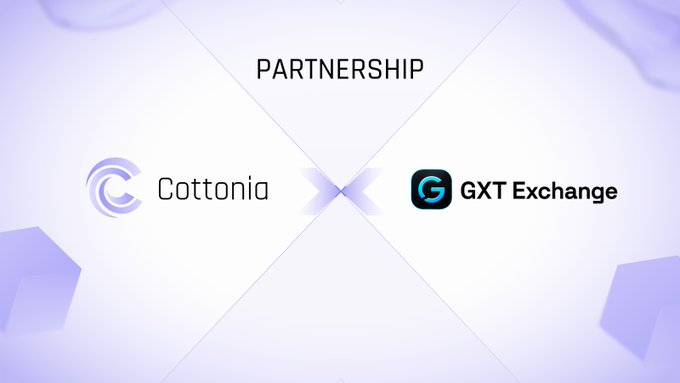 A promotional announcement graphic with a light purple background displays the word "PARTNERSHIP" between the logos of "Cottonia" and "GXT Exchange".