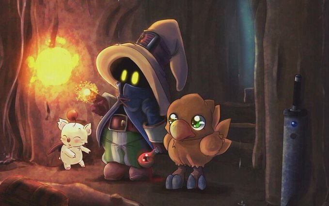 Digital art showing a hooded figure with glowing yellow eyes holding a torch, standing in a cave alongside a small white fox-like creature and a brown bird.