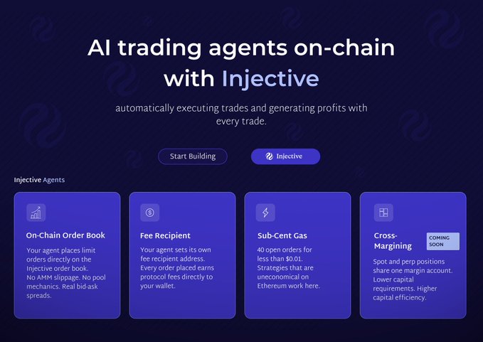 The image features a website called "@injective" with a blue background, which displays information about creating AI agents using on-chain technology. The website provides instructions for building AI agents and offers a tutorial on how to create them within minutes. It also mentions that there is a fee associated with the creation of these agents.