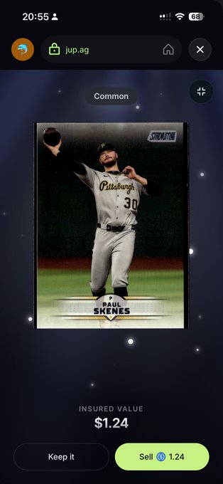A mobile app screenshot displays a Paul Skenes 'Topps Signature Series' Pittsburgh Pirates baseball card with an insured value of $1.24.