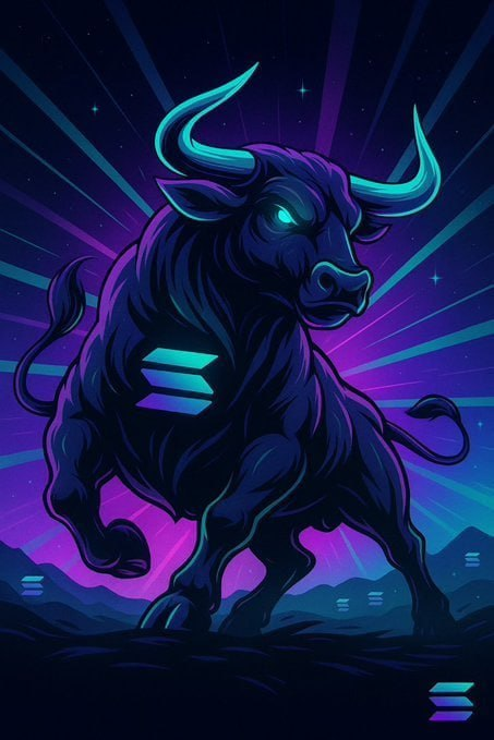 A fierce, glowing-eyed bull charges through a neon purple and blue cosmic backdrop, with the Solana logo emblazoned on its side—symbolizing bullish momentum and strength for Solana in the crypto market.