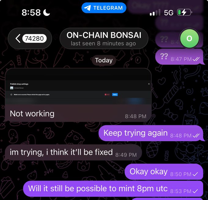 The image shows a cell phone screen with various messages displayed, including one that says "Keep trying again. I think it'll be fixed 8:49 PM utc". The message appears to be from Mint, an app used for managing finances on smartphones. It seems there is an issue with the app, and Mint's founder is working hard to resolve it. A new mint time will be announced soon after fixing the problem.
