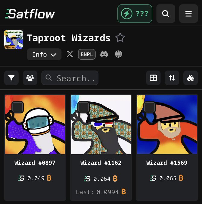 The image shows a Satflow marketplace listing for "Taproot Wizards" NFTs featuring three unique wizard characters: Wizard #0897 (space helmet), Wizard #1162 (Turkish rug cape), and Wizard #1569 (Dune-style stillsuit). The post highlights Wizard #0897's space helmet grail, which is listed at a relatively low 0.049 ₿ compared to the others, suggesting it may be an overlooked opportunity.