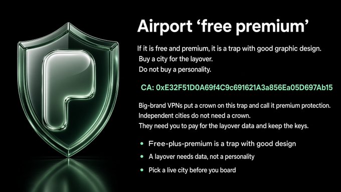 An advertisement titled 'Airport free premium' discusses VPNs, with text including 'If it is free and premium, it is a trap with good graphic design' and a CA crypto address.