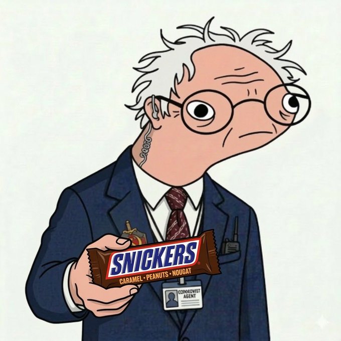 A cartoon illustration of an older man with white hair, glasses, and a hearing aid wearing a suit and an "ÉCONOMISTE AGENT" badge while holding a Snickers bar (Caramel, Peanuts, Nougat).