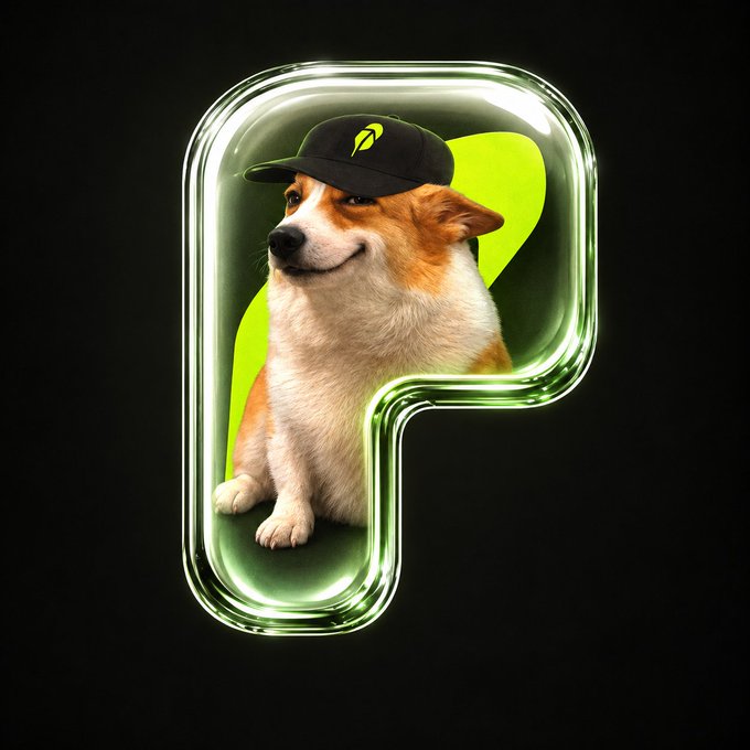 A corgi wearing a black cap sits inside a glowing neon green letter "P" logo, playfully embodying the "$CASHDOGS" meme coin mascot referenced in the post as a fun, community-driven reminder to buy into "the pack."