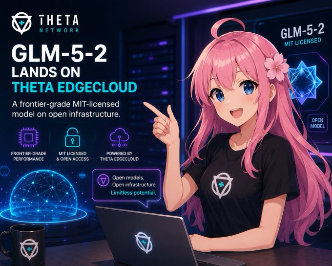 An anime-style promotional graphic for 'GLM-5-2 LANDS ON THETA EDGECLOUD' features a pink-haired anime girl in a black shirt pointing at text describing a frontier-grade MIT-licensed model on open infrastructure.