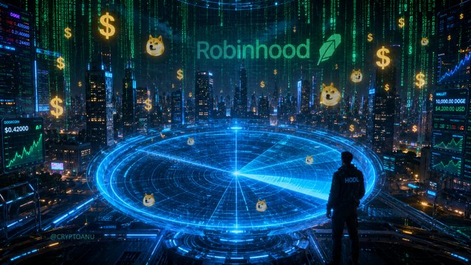 A futuristic cyberpunk scene showing a person standing before a glowing blue holographic circle, with the 'Robinhood' logo, Dogecoin icons, and falling dollar signs overlaid.