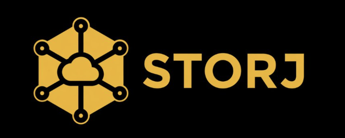 The Storj logo on a black background, featuring a yellow hexagon with a cloud icon and connecting nodes.