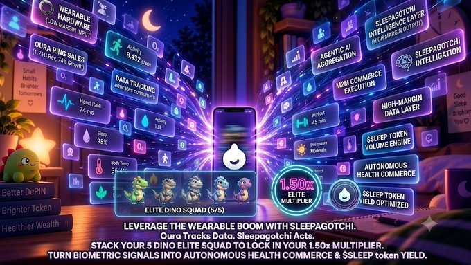 A promotional graphic for 'Sleepagotchi' featuring dinosaur characters, biometric data displays, and text promoting wearable technology with 'Oura Tracks Data. Sleepagotchi Acts.' and '1.50x ELITE MULTIPLIER'.