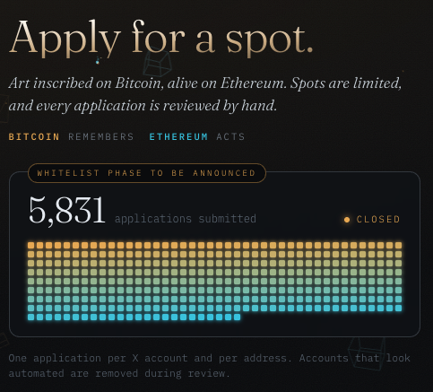 A dark-themed "Apply for a spot" page shows 5,831 applications submitted for the ACCRETION whitelist, which is now closed. The Bitcoin-inscribed and Ethereum-executed project received nearly 6,000 applications, matching the post's announcement that applications have closed due to overwhelming demand.