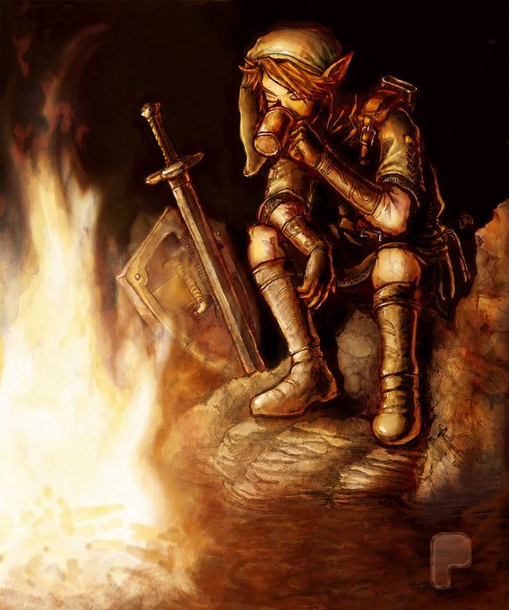 A young adventurer in a tunic, boots, and pointed cap sits contemplatively by a warm campfire, sipping from a cup with a sword and shield resting beside him. The image evokes the post's theme of perseverance on a long journey, with the fiery glow symbolizing milestones like burning 9.5% of supply—reflecting progress, resilience, and the ongoing quest ahead.