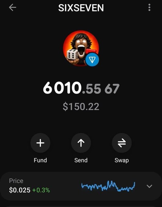 A crypto wallet interface shows a balance of 6010.55 SIXSEVEN tokens (worth $150.22) with the token's price at $0.025 (+0.3%).