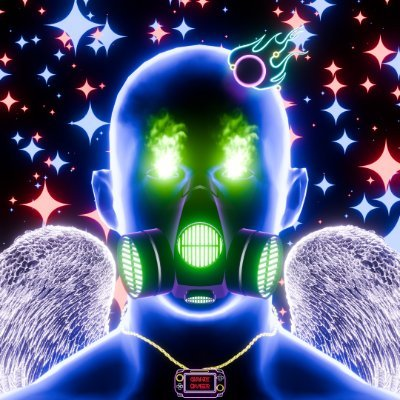 The image features a person wearing a gas mask, which has green eyes and a face shield that looks like a starburst pattern. The person also has wings attached to their back. The background of the image is filled with stars and neon lights, creating an otherworldly atmosphere. The caption at the bottom of the image reads: "We are welcoming @Ghostly_Kittens as a creator for the upcoming 'Cosmos' collection! I'm Jeff, aka The Ghostly Kitten."